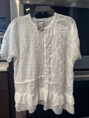 Johnny Was White Eyelet Embroidered Linen-Blend Ruffle Hem Top